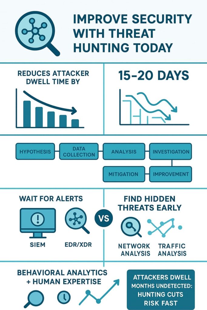 Infographic explaining how to improve security with threat hunting, highlighting key strategies and benefits.