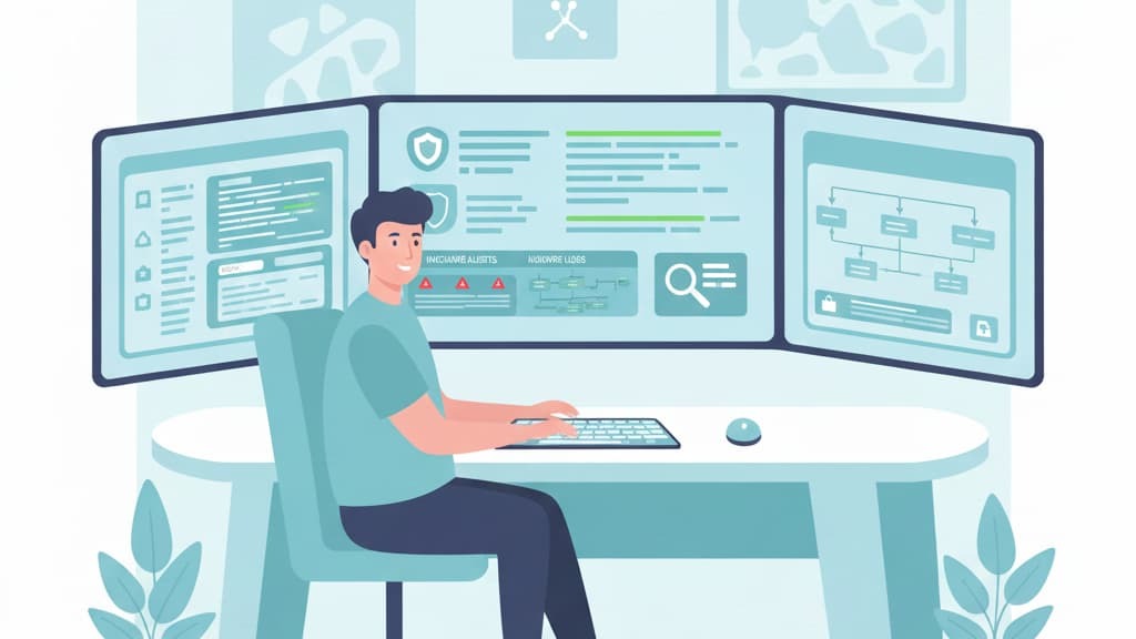 A person working at a desk with multiple screens displaying Digital Forensics Incident Response (DFIR) tools and data.