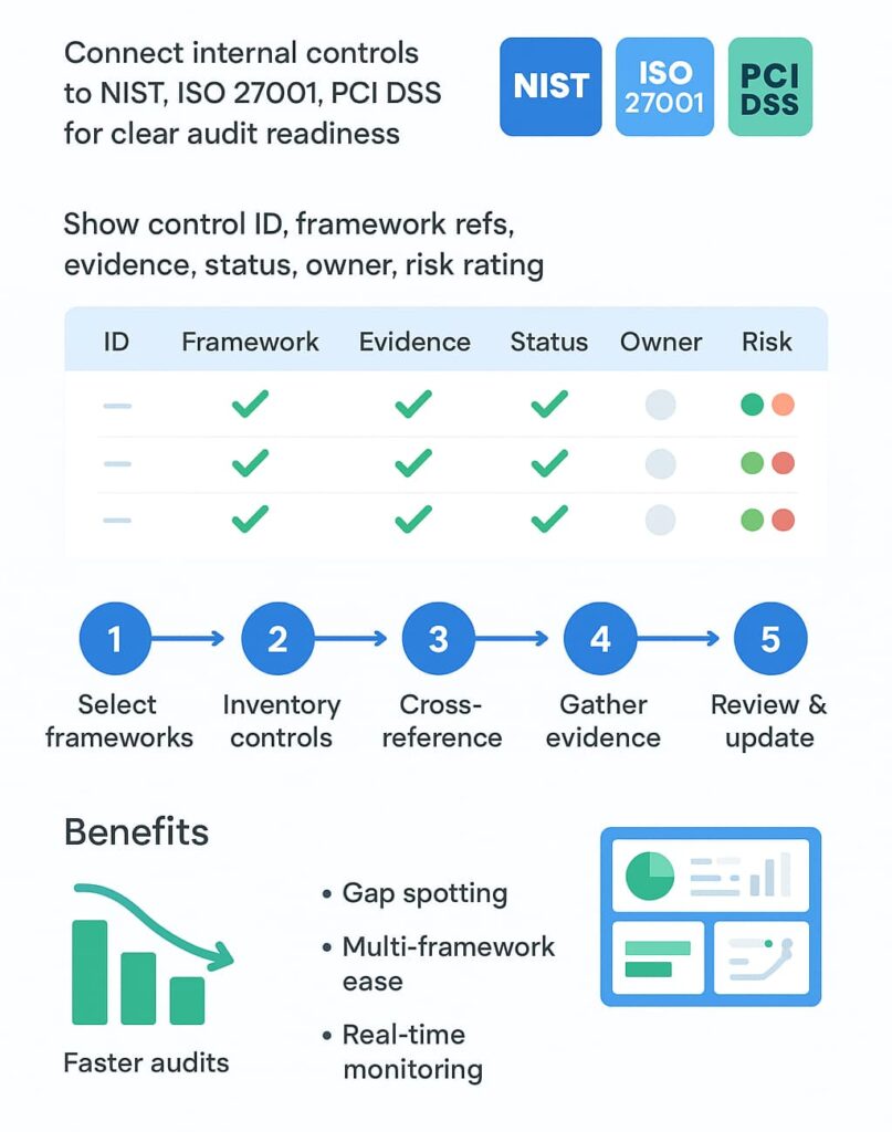 Infographic showing the Mapping Security Controls Reports and process of connecting internal controls to NIST, ISO 27001, and PCI DSS standards for audit readiness, including control IDs, frameworks, evidence, status, ownership, and risk ratings.