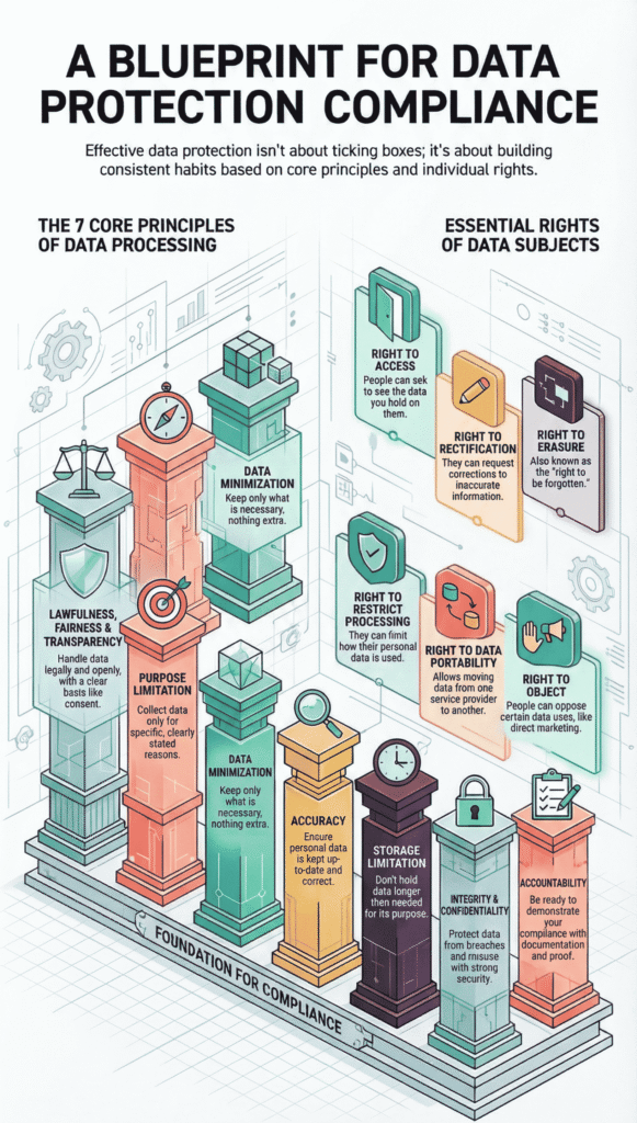 An infographic titled "A Blueprint for Data Protection Compliance" showing 7 core principles and essential data subject rights.