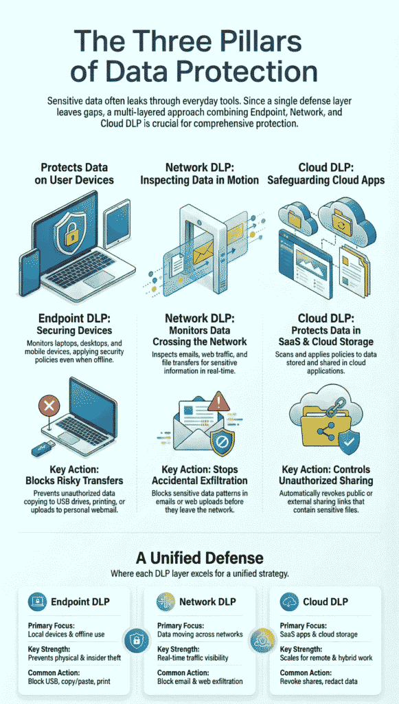 An educational infographic detailing Endpoint, Network, and Cloud Data Loss Prevention (DLP) strategies.
