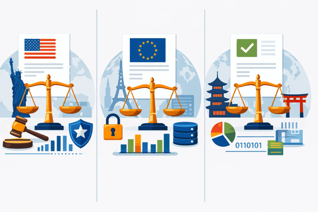 Three panels showing symbols of data regulation for the USA, EU, and Asia, featuring scales of justice and legal icons.