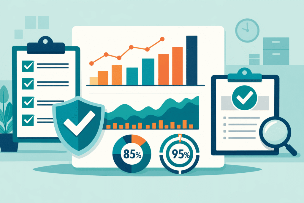 Flat illustration of a business dashboard featuring bar charts, line graphs, and two progress gauges showing 85% and 95%.