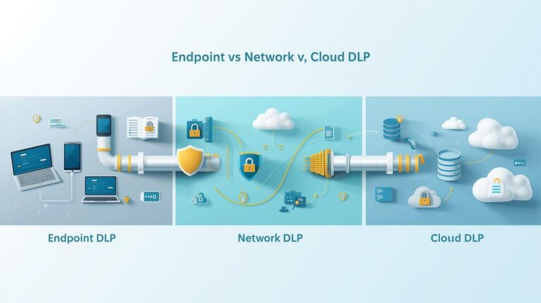 A conceptual illustration comparing Endpoint, Network, and Cloud DLP using 3D-style icons and connecting pipes.