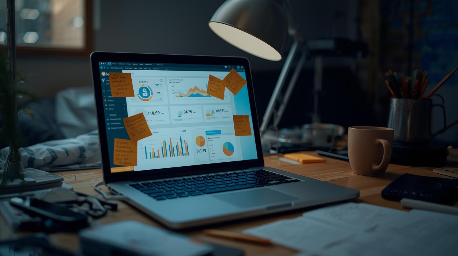 Laptop displaying security analytics for configuring dlp policies rules with project planning notes on workspace