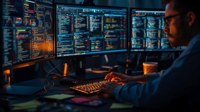 Security professional reducing security analyst workload SOAR while monitoring threats across multiple screens