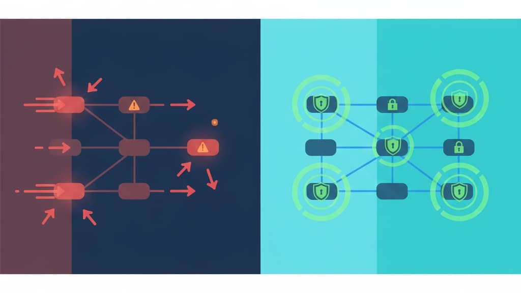 Image illustrating rapid incident containment forensics, showcasing contrasting security approaches with alerts and protection icons.