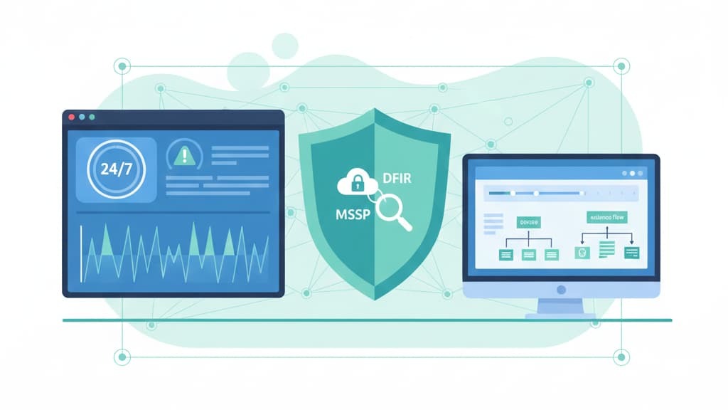 Visual representation of choosing DFIR provider in Fullerton, featuring MSPS shield and data monitoring on screens.