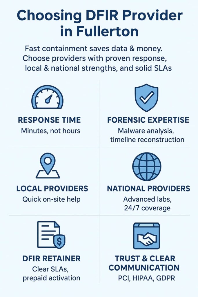 Infographic on choosing DFIR provider in Fullerton highlighting response time, expertise, local support, and trust.