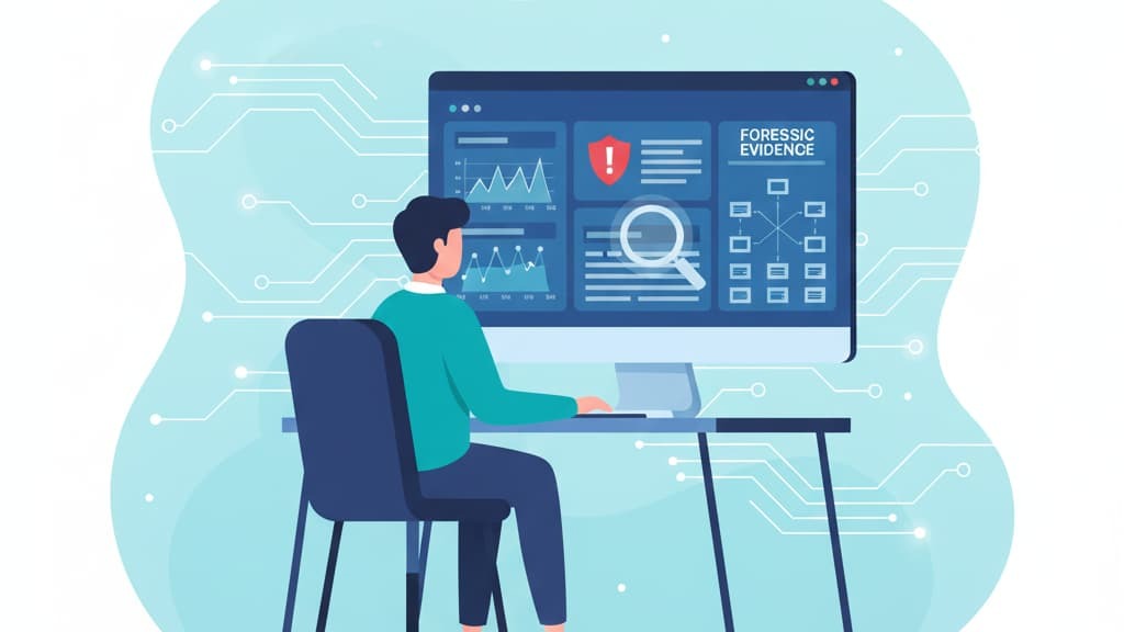 Illustration of a person using a computer for a data breach investigation service, analyzing forensic evidence.