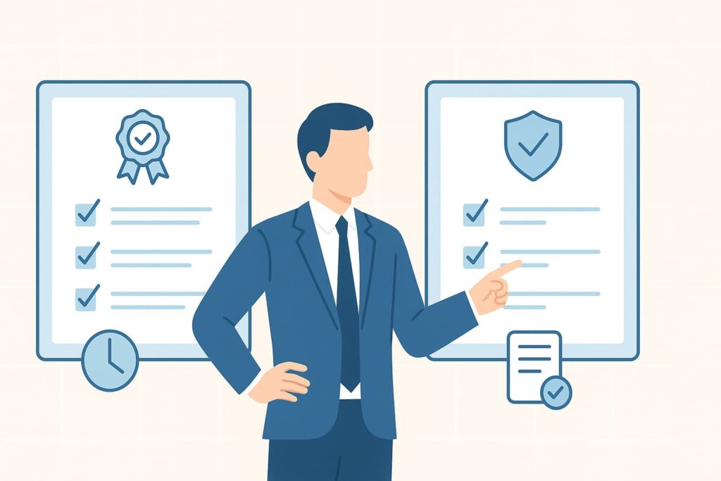 Businessman presenting qualifications for a data breach investigation service with certification documents in the background.