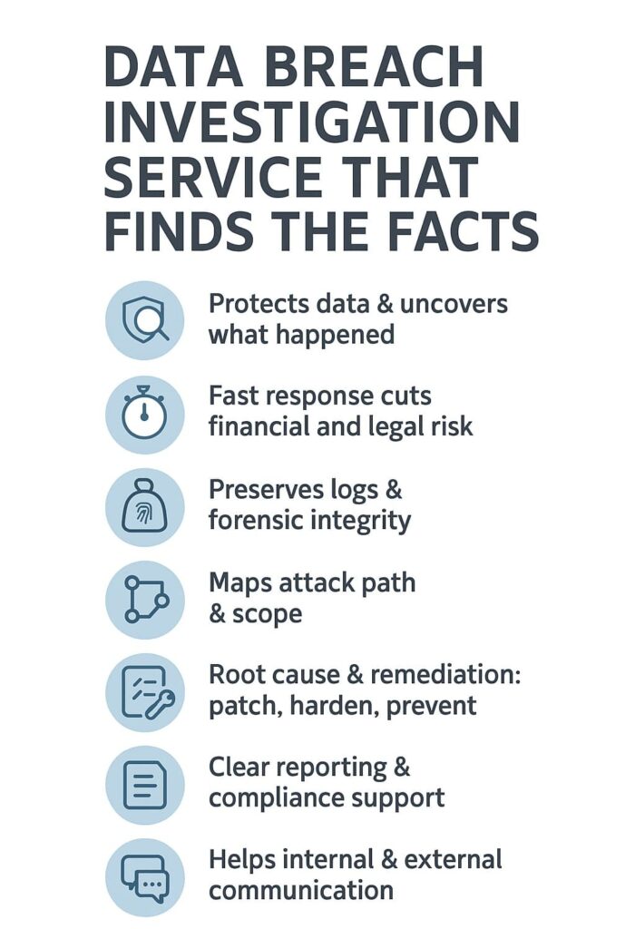 List of services offered by a data breach investigation service, highlighting response, remediation, and reporting.