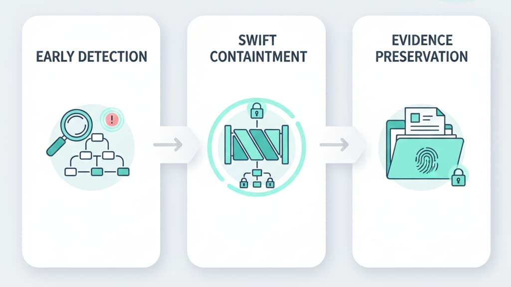 Diagram illustrating rapid incident containment forensics through early detection, swift containment, and evidence preservation.