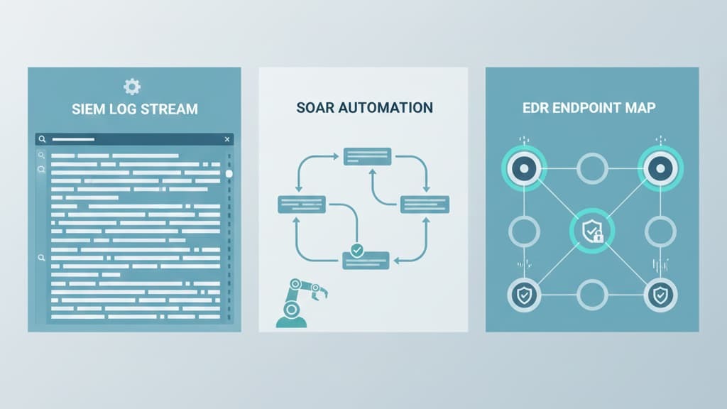  Illustration demonstrating rapid incident containment forensics with SIEM log stream, SOAR automation, and EDR endpoint map.