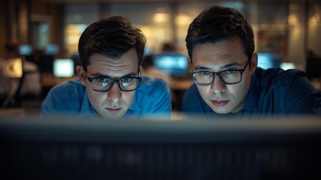 Security analysts improving incident response time SOAR by monitoring threats on computer screens