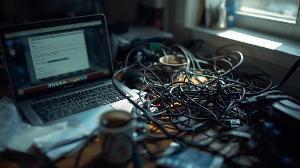 Tangled cables and laptop showing challenges before improving incident response time SOAR automation