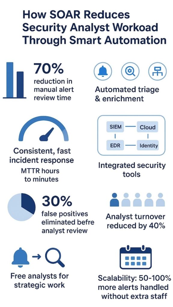 Infographic demonstrating reducing security analyst workload SOAR through automation and integrated tools
