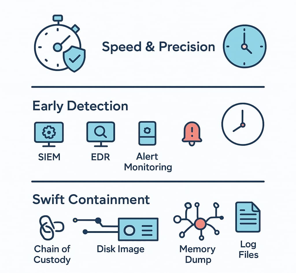 Graphic illustrating rapid incident containment forensics, highlighting speed, early detection, and swift containment methods.