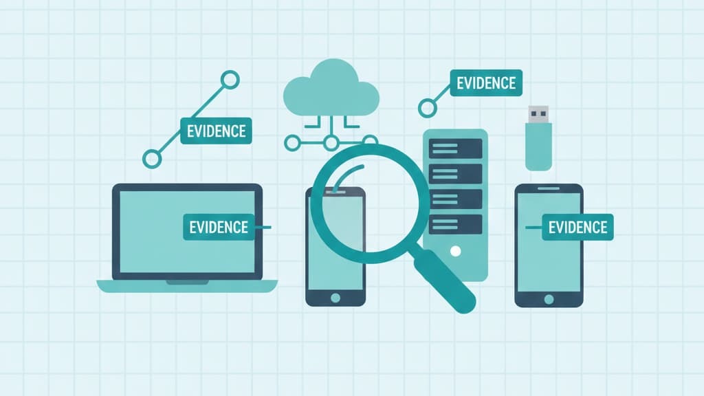 Illustration showing various devices with the keyword "evidence," highlighting evidence preservation handling forensics.