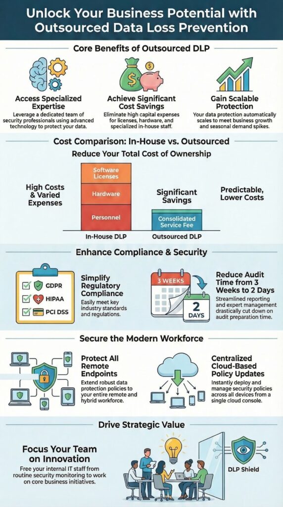 Comprehensive infographic detailing benefits outsourced data loss prevention including cost savings and compliance