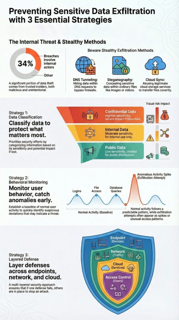 Infographic illustrating preventing sensitive data exfiltration with classification monitoring and layered defense