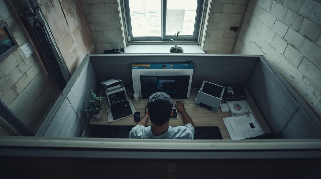 IT administrator configuring dlp policies rules at workstation with multiple monitors and security dashboards