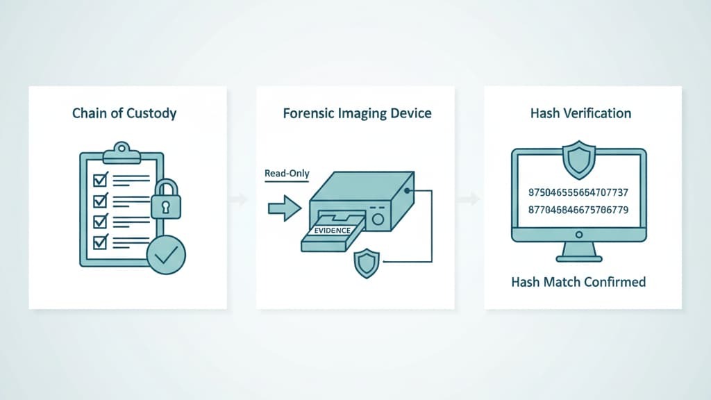  Illustration of evidence preservation handling forensics: chain of custody, forensic imaging device, and hash verification process.
