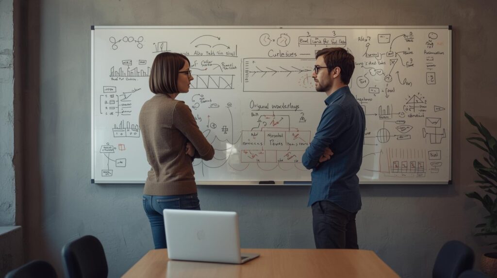 Security team collaborating on configuring dlp policies rules strategy at whiteboard during planning meeting