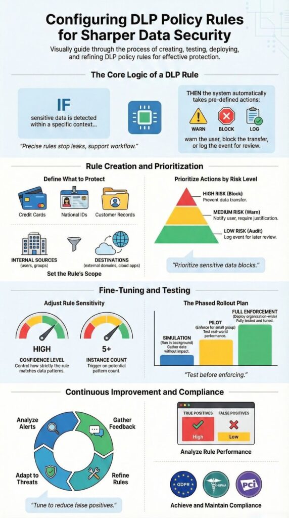 Visual guide for configuring dlp policies rules including rule creation testing and continuous improvement process