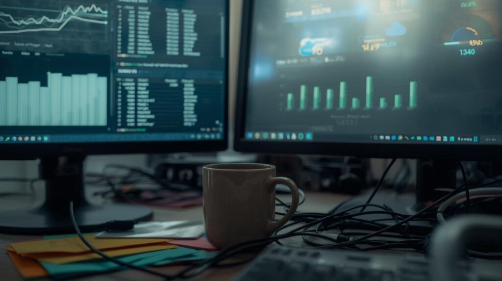 Workstation showing monitoring data movement channels through real-time analytics and performance dashboards