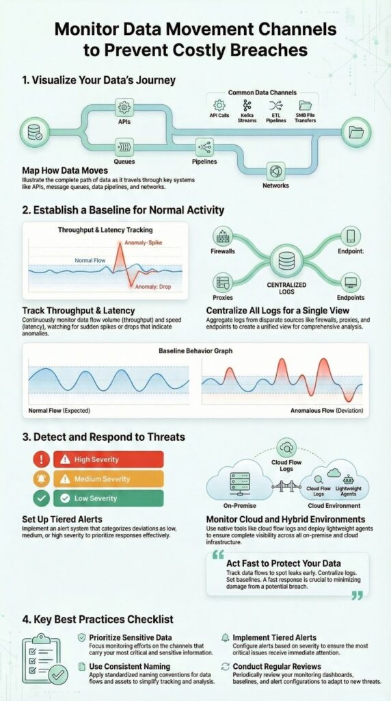 Comprehensive infographic guide on monitoring data movement channels to prevent breaches and establish baselines