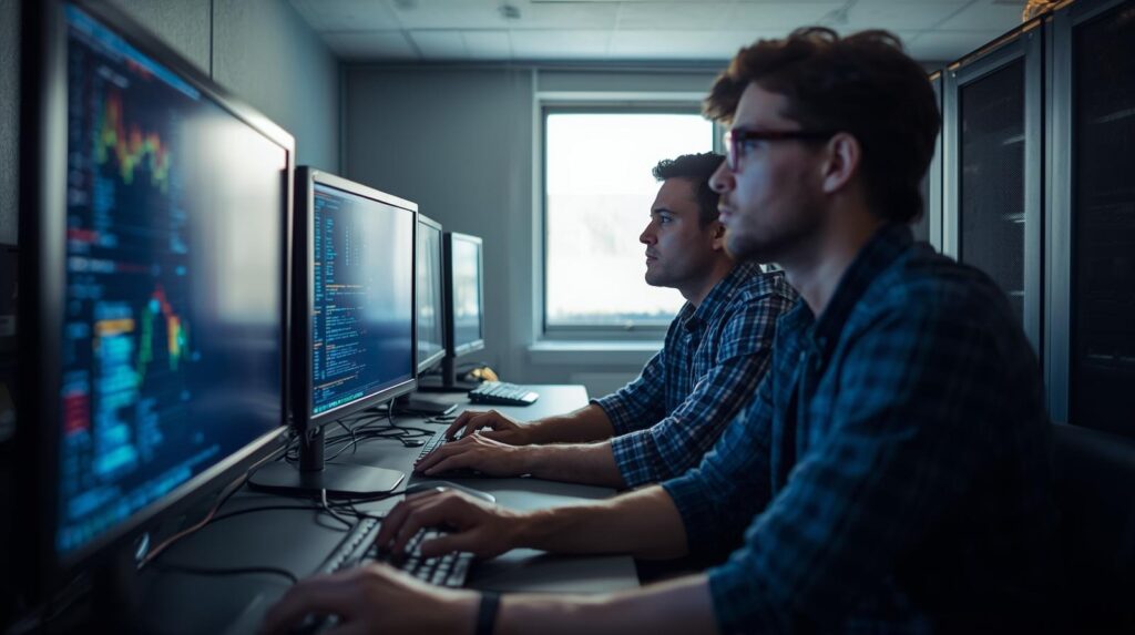 IT team collaborating on choosing managed dlp vendor in California while monitoring security systems together