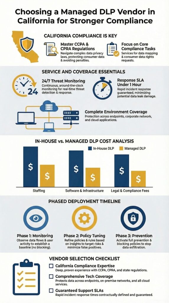 Infographic guide on choosing managed dlp vendor in California with compliance and cost analysis information