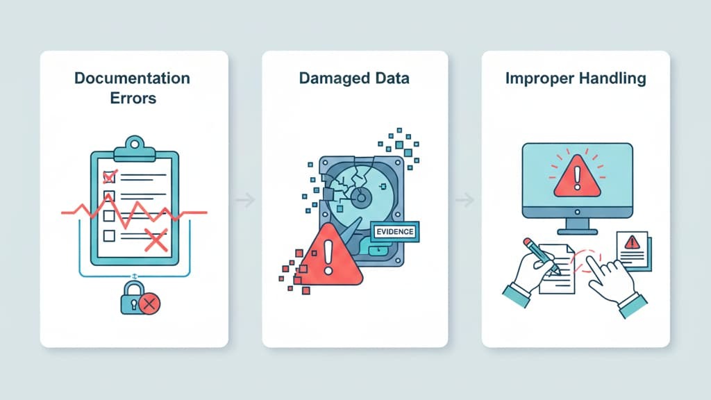 Flowchart illustrating evidence preservation handling forensics, highlighting documentation errors, damaged data, and improper handling.