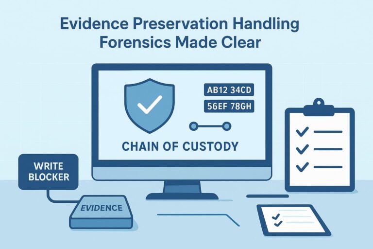 Illustration showing evidence preservation handling forensics with a computer, checklist, and chain of custody tools.
