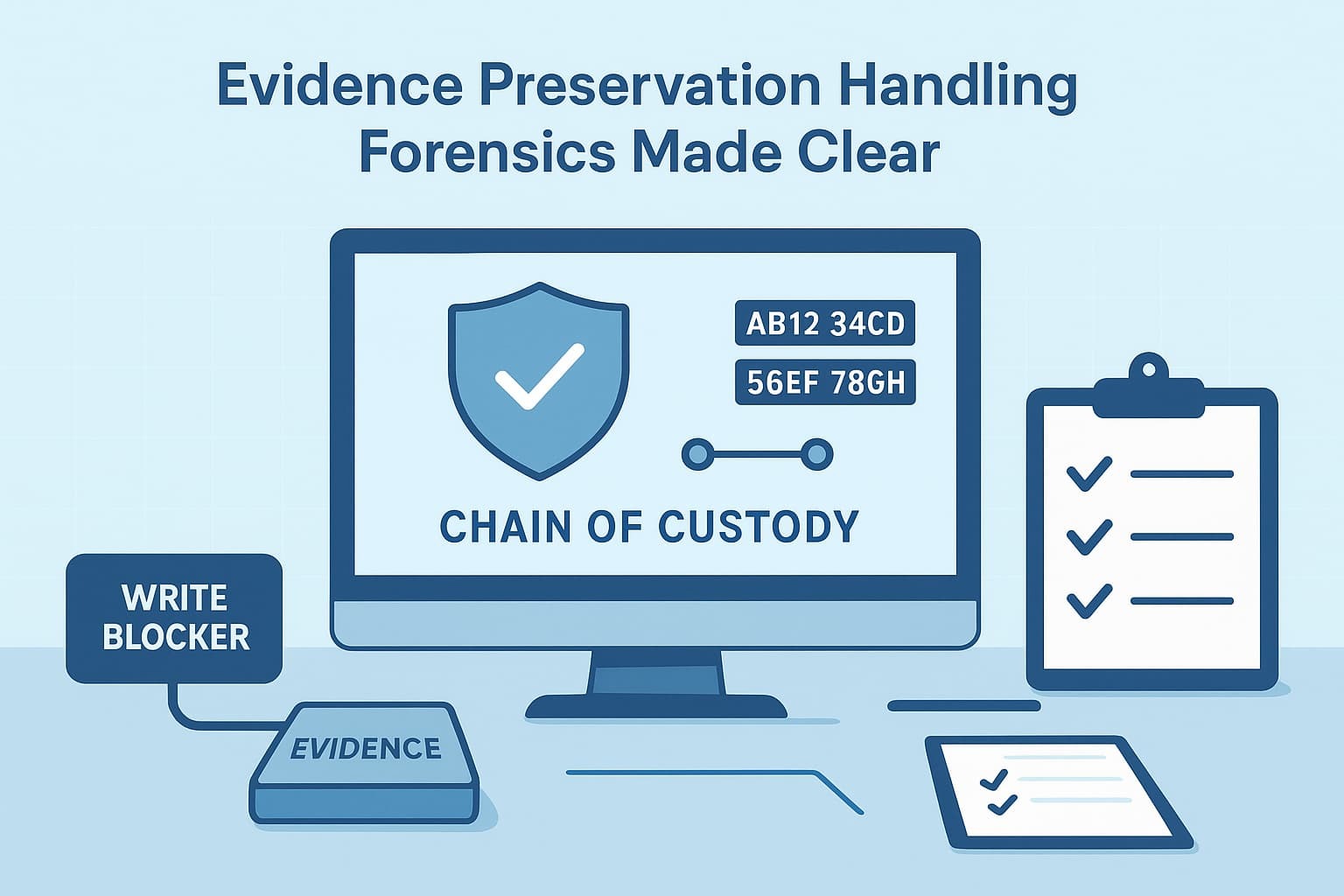 Illustration showing evidence preservation handling forensics with a computer, checklist, and chain of custody tools.