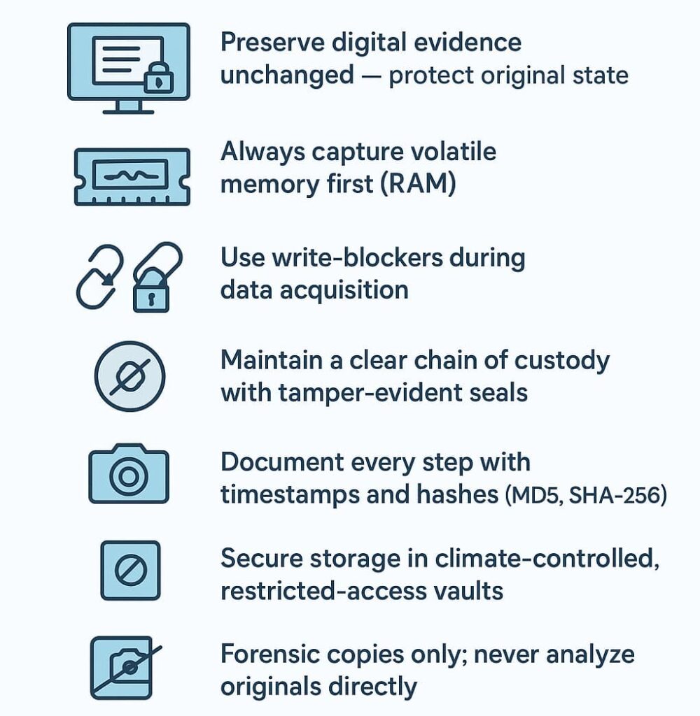  Illustration of evidence preservation handling forensics with guidelines on preserving digital evidence and maintaining chain of custody.