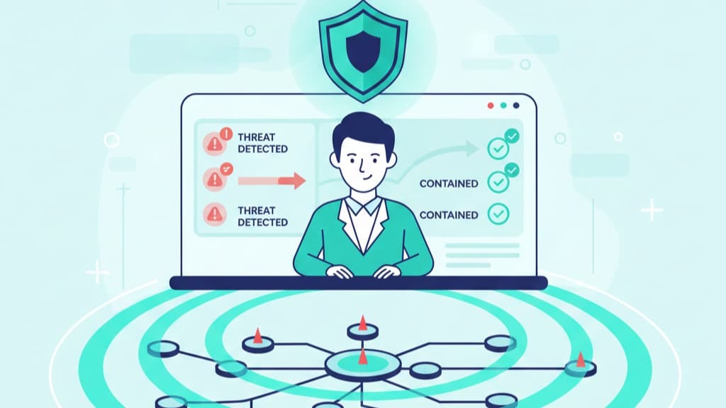 Illustration of rapid incident containment forensics, showing a person monitoring threats on a laptop with security elements.