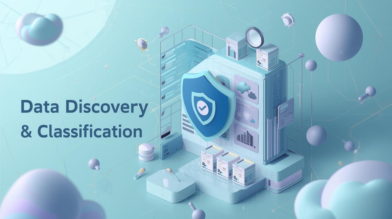 A stylized 3D room in teal and orange featuring floating holographic screens with bar charts and a large central checklist.