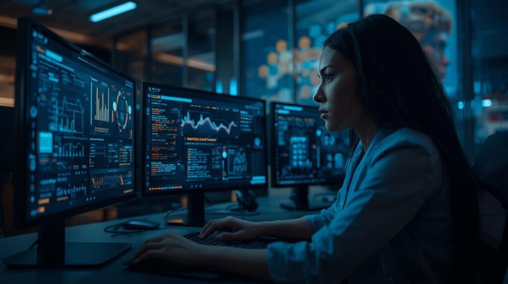 A professional woman working at a dark workstation with three large computer monitors displaying complex data visualizations.