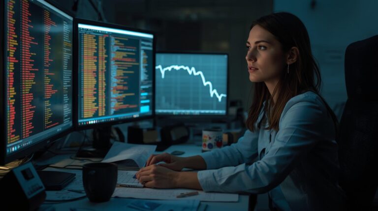 Security analyst measuring soar effectiveness roi while monitoring threat data across multiple screens
