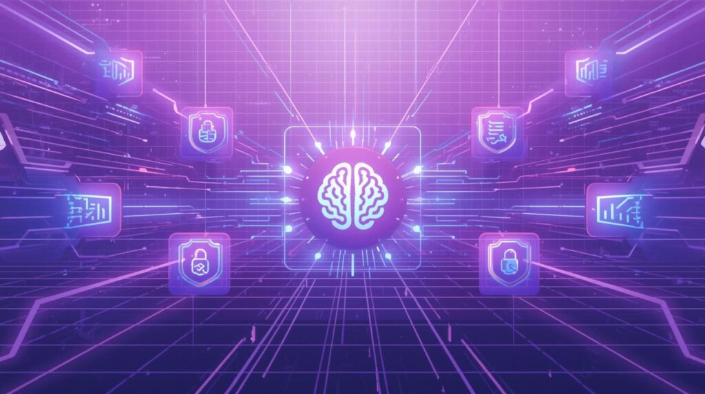 A 3D isometric scene in light blue and purple showing a central security shield surrounded by data folders and floating spheres.