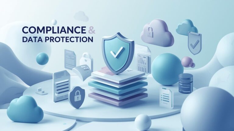 3D abstract artwork with the text "Compliance & Data Protection" featuring a central shield over a stack of documents.