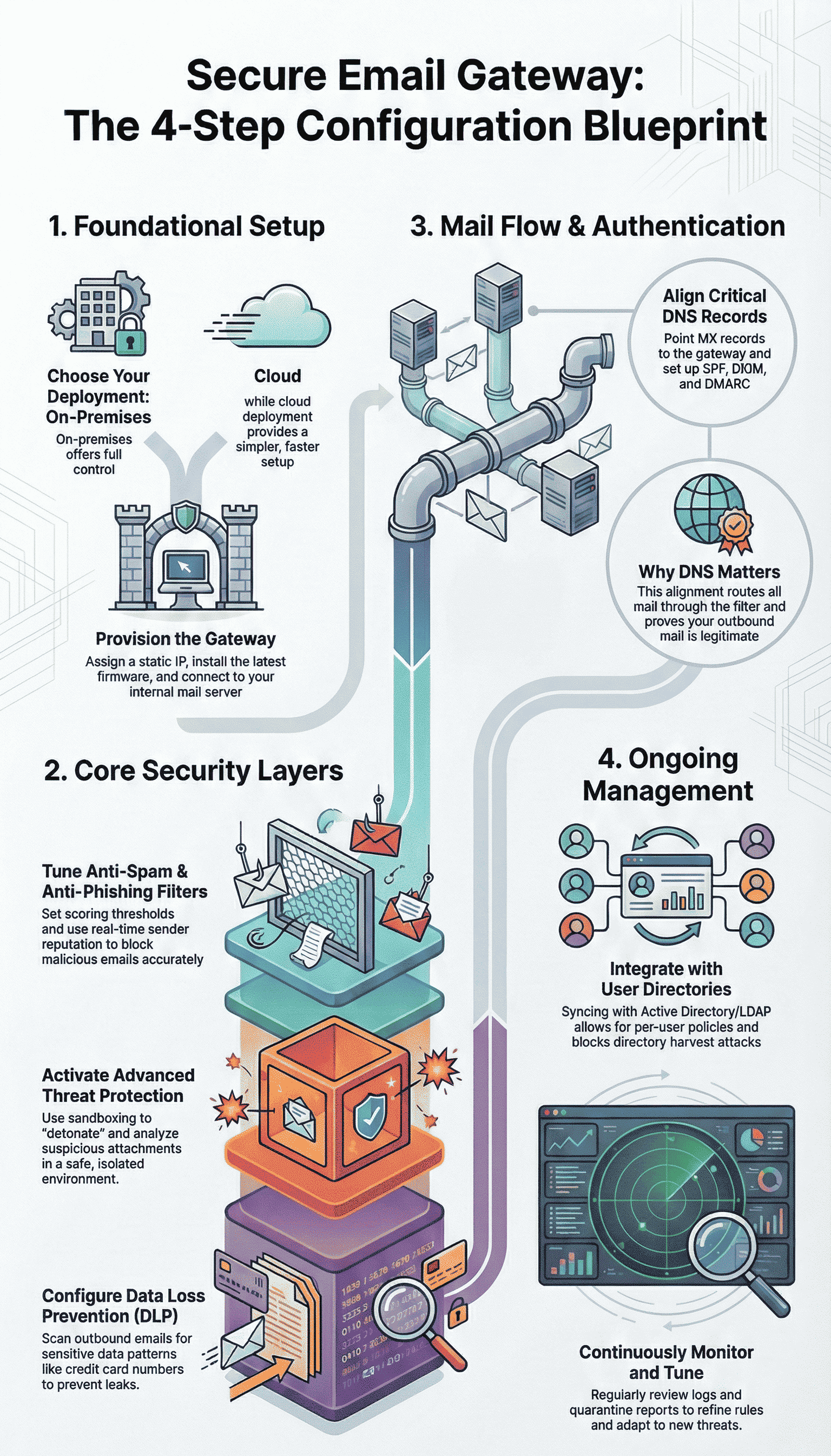 Infographic showing an email passing through security checks, resulting in either a "Phishing Detected" alert or "Safe Email Delivered."