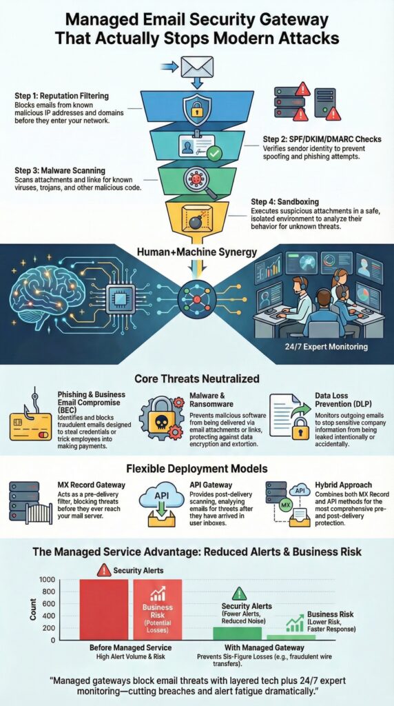 Managed Email Security Gateway infographic showing layered protection against phishing, malware, and email threats