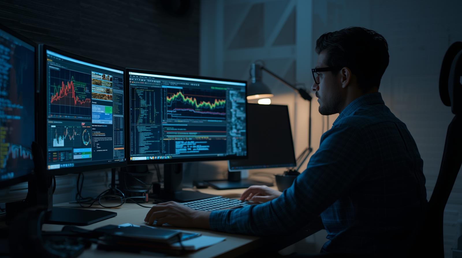 Security analyst monitoring Managed Web Application Firewall (WAF) dashboards on multiple screens in dark office