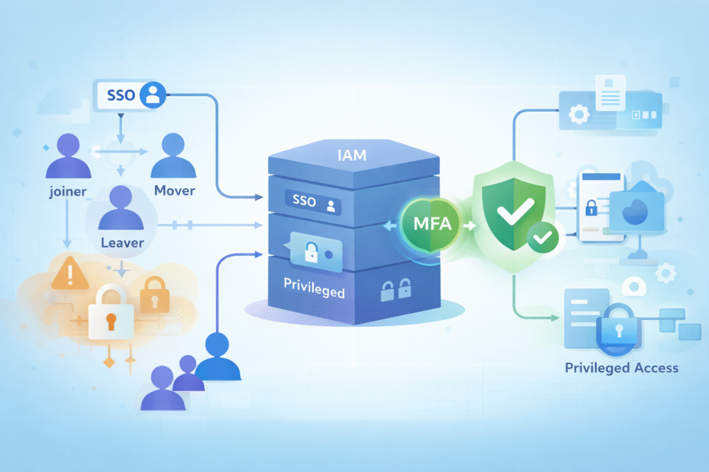 Multi Factor Authentication (MFA) Management illustrating secure access flow with MFA and privileged controls