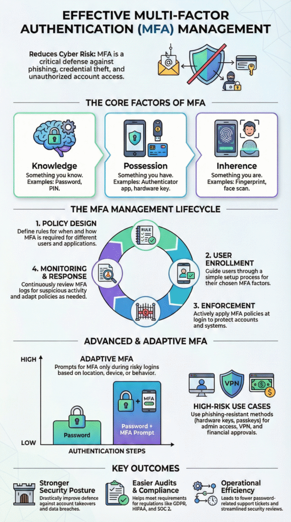 Multi Factor Authentication (MFA) Management explaining core factors, lifecycle, and security outcomes