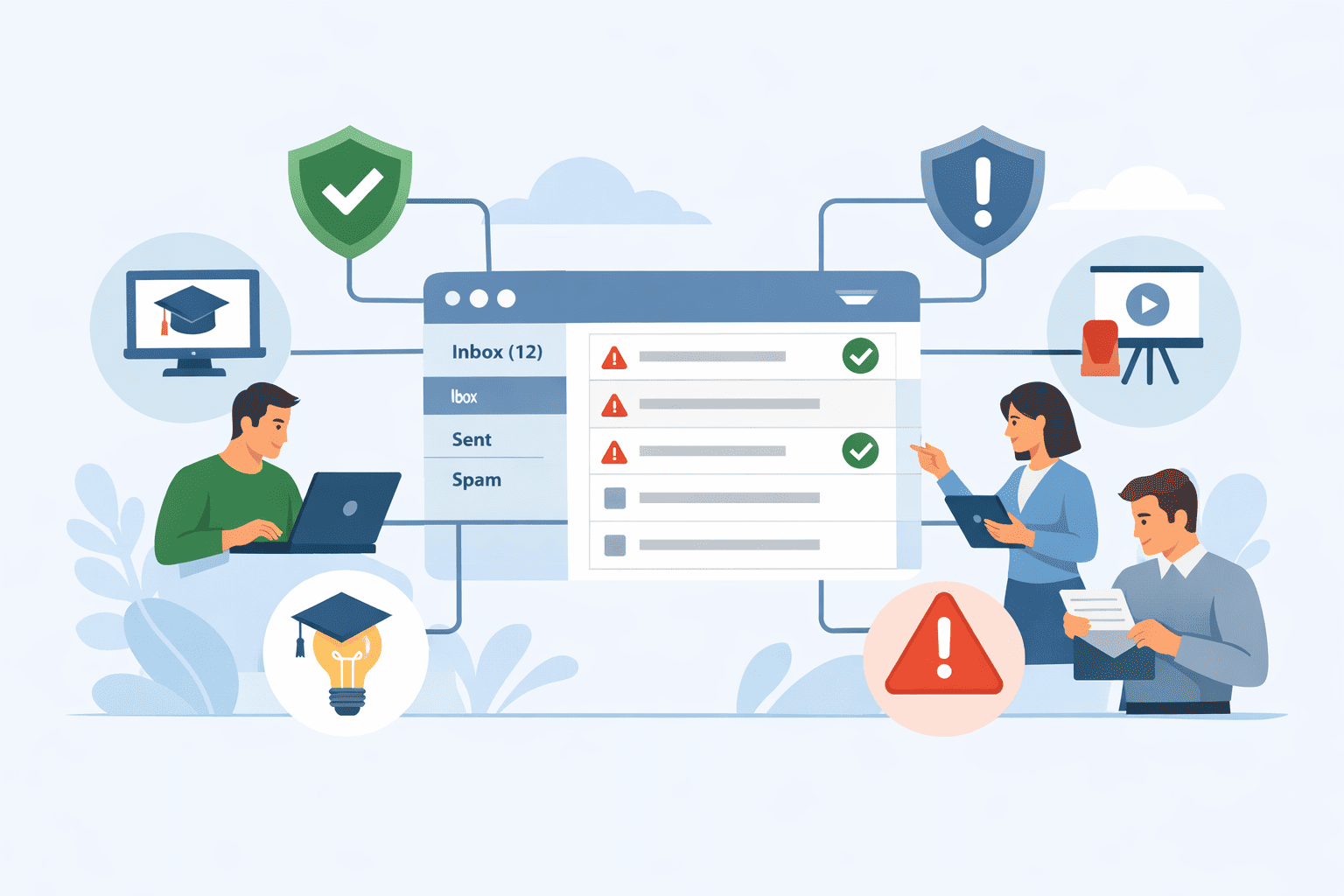 A vertical stack showing the integration of Email Platform, Policy Framework, and Training Module to achieve Alignment & Compliance.