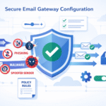 A technical diagram showing an email server sending messages through an SMTP relay with port 465 and authentication settings to reach a smart host.